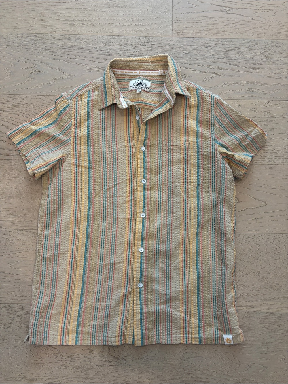 Free Planet Short Sleeve Striped Button-Down Shirt in Yellow, Teal, and Brown